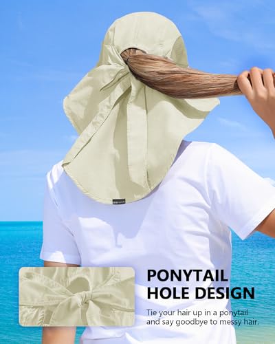 Womens Sun Hat Outdoor UV Protection Wide Brim Fishing Hat with Ponytail Hole Neck Flap for Beach Hiking Camping - color: A-sun Hat-beige