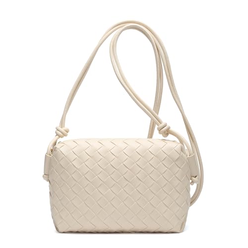 Woven Crossbody Bags for Women Handmade Woven Purse Shoulder Bag Small Handbag PU Leather Purses Bag - color: Beige