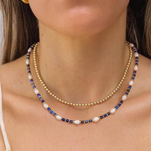 KissYan Beaded Choker Necklace for Women, Colorful Natural Gemstones Pearl Choker 14K Gold Plated Pendant Healing Crystal Necklace Handmade Stone Jewelry Gift - color: Q-Lapis lazuli