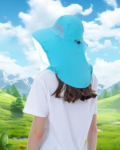 Womens Sun Hat Outdoor UV Protection Wide Brim Fishing Hat with Ponytail Hole Neck Flap for Beach Hiking Camping - color: Mosquito Net-sky Blue