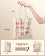 Miss Adola Canvas Tote Bag with Zipper – Cute Canvas Bags for Women Aesthetic Design Reusable Totes for Shopping Work Travel - style: Pk Bow Knot