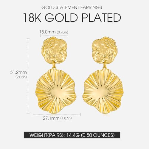 Gold Statement Earrings For Women 18K Gold Plated Sectored Flower Leaf Shell Angel Wing Earring Large Stud Earrings Hypoallergenic Stud - color: Leaf Dangle Earrings