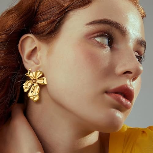 Gold Statement Earrings For Women 18K Gold Plated Sectored Flower Leaf Shell Angel Wing Earring Large Stud Earrings Hypoallergenic Stud - color: Dancing felower earring