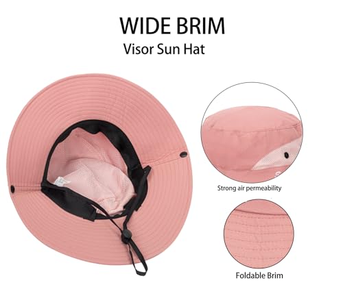 Womens Summer Sun Hat Beach Hat Wide Brim Outdoor UV Protection Hat Packable Mesh Bucket Hat with Ponytail Hole - color: Solid Pink