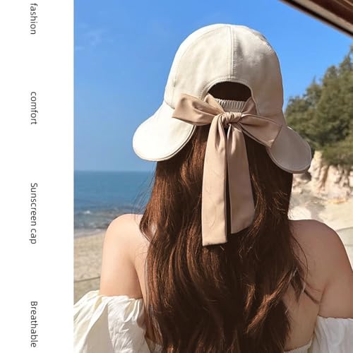 Wide Brim Hats for Woman Foldable Hats Sun Hats for Women uv Protection Bowknot Bucket hat Adjustable hat with Ponytail Hole - color: Beige