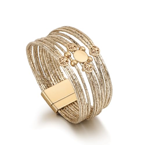 Edoneery Leather Wrap Bracelet for Women, Boho Handmade Multi-Layer Cuff with Crystal Beads Heart, Stackable Bangle Western Jewelry Gift - style: Circle(Gold)
