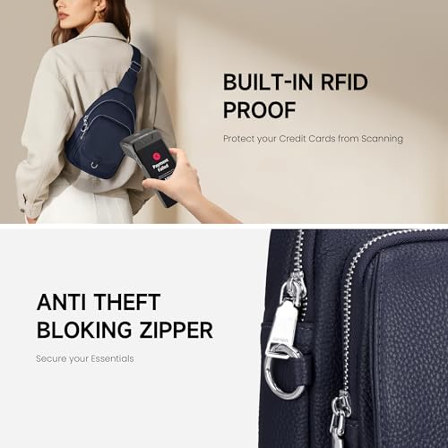 befen Anti Theft Genuine Leather Sling Bag for Women RFID Small Crossbody Bag Chest Bag Leather Fanny Packs for Travel - color: Navy Blue