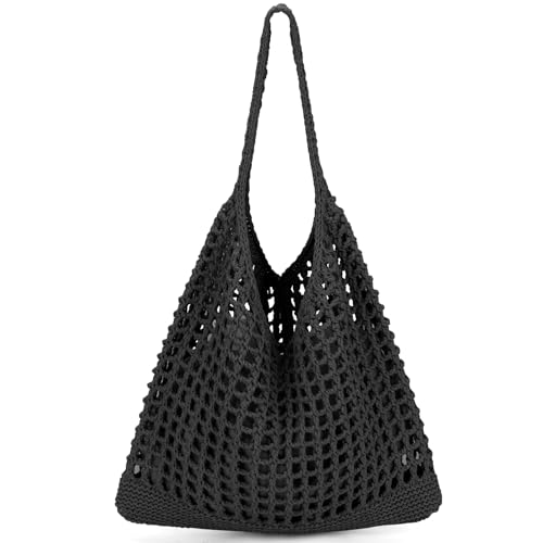 EIMMBD Crochet Bags for Women Beach Totes Bags Aesthetic Summer Tote Shoulder Hippie Bag Knit Bag - color: Standard Black-b
