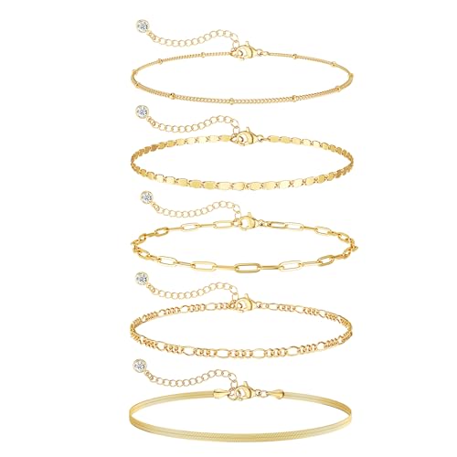 DEARMAY 14K Gold Plated Bracelets for Women, Jewelry Sets Cute Tennis Beaded Bracelets Cuban Link Paperclip Chain Dainty Bracelet Pack Gifts - color: BRACELET-M