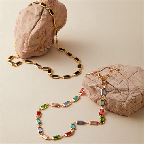 Dainty Colorful Glass Beaded Gold-Tone Choker Necklaces for Women Trendy Rectangular Clavicle Chain Adjustable Multicolor Handmade Gemstone Rainbow Bead Link Boho Y2k Statement Jewelry Party Prom - color: Black