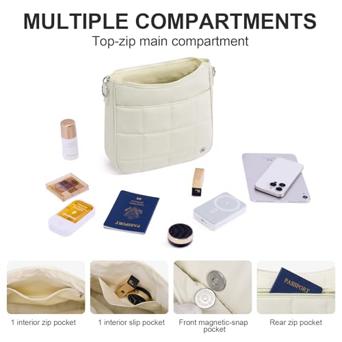 Anti Theft Crossbody Bags for Women,Quilted Puffer Travel Purses Shoulder Hobo Bag Handbag with Guitar Strap - color: Beige