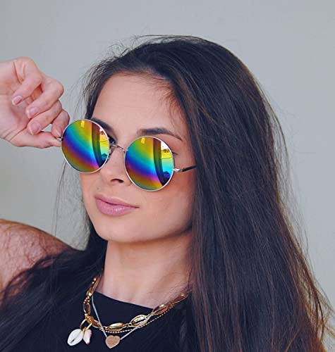 OWL Round Retro Small Circle Tint & Mirror Colored Lens 43-55 mm Sunglasses Metal - color: 56mm Silver / Multicolor Mirror