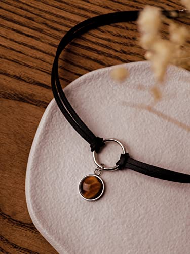 Sacina O Ring Crystal Choker, Black Choker, Boho Hippie Necklace, Gothic Necklace, Christmas Jewelry Gift for Women - color: tiger eye