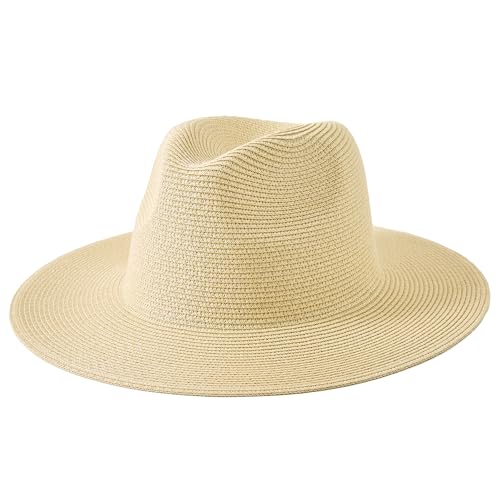 Lanzom Women Wide Brim Straw Panama Roll up Hat Fedora Beach Sun Hat UPF50+ - color: Khaki Without Band, size: Large-X-Large