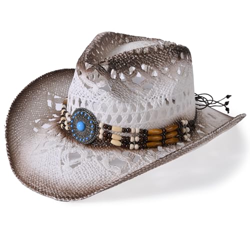 Straw Cowboy Hat for Men Womens Straw Cowgirl Hat Summer Western Cowboy Hats with Wide Brim for Cowgirls and Cowboys - color: White