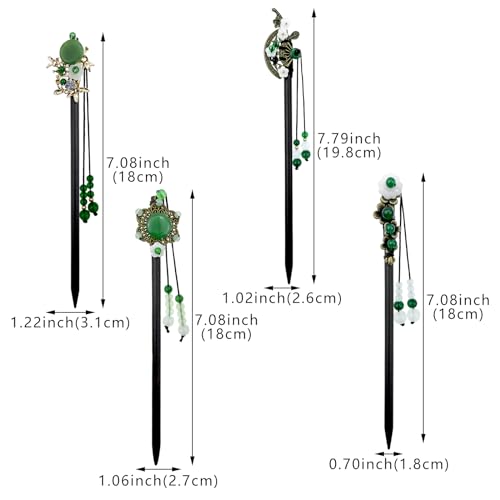 4 Pack Chinese Hair Stick for Buns Chinese Green Beads Flowers Hair Chopsticks Elegant Vintage Tassel Hair Stick Classical Styling Accessories for Women and Girls (4 Styles) - color: Green