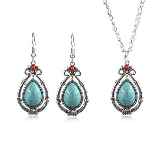 Handmade Teardrop Turquoise Earrings Necklace Set for Women Bohemia Tribal Antique Ethnic Style Earring Delicate Teardrop Gemstone Dangle Drop Statement Earrings Western Jewelry - color: Green