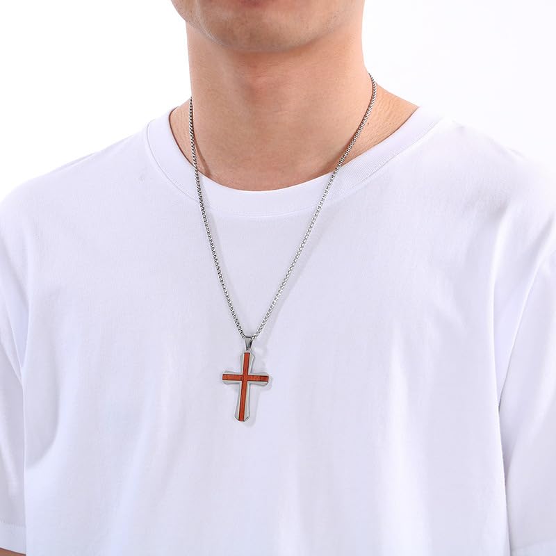 Cross Necklace for Men Vintage Wooden Cross Necklaces Wood Crucifix Pendant Christian Jewelry Gift for Men - color: Big ST Chain