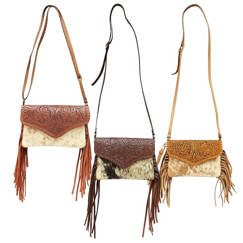 Genuine Cowhide Crossbody Purse - Tooled Leather Fringe Bag for Women - Western Shoulder Handbag Rodeo Style - color: Black