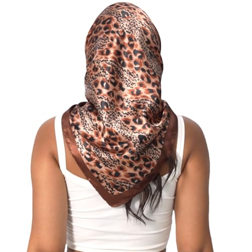 Leopard Print Head Scarf for Women Like Silk Satin Scarf for Hair Wrapping at Night Bandana Square Scarf 35 Inches - color: Dark Brown Leopard