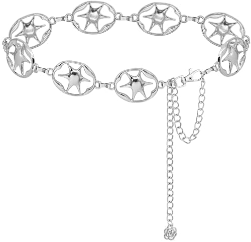 LIMHOO Women's Metal Waist Chain Belts Gold Silver Link Belt for Dresses - color: Star Silver, size: S: Length 105cm/41.3in