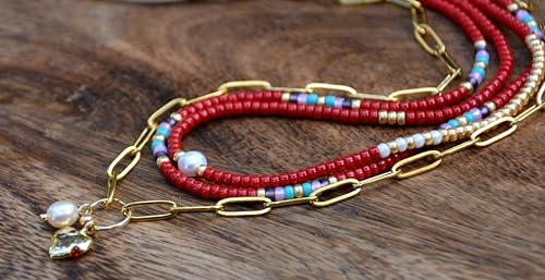 Beaded Choker Necklace for women and Teen Girls, Boho Bohemian Adjustable Colorful Seed Beads Necklace, Handmade Native American Style Jewelry by TRIBES - color: Burgundy Multicolor, style: Set of 3 Necklaces
