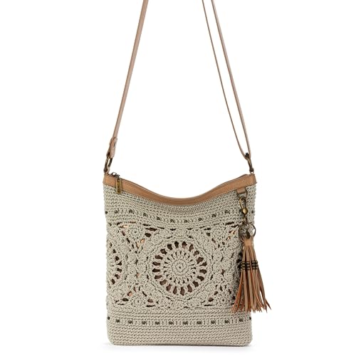 The Sak Lucia Crossbody Bag in Crochet, Convertible Purse with Adjustable Shoulder Strap - color: Natural Grey Medallion