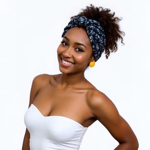 1 Pack Boho Headbands Stretch Paisley Print Bandana Headband Criss Cross Hair Bands Knotted Head Wrap Yoga Daily for Women and Girls (Black Ornate) - color: Black Ornate