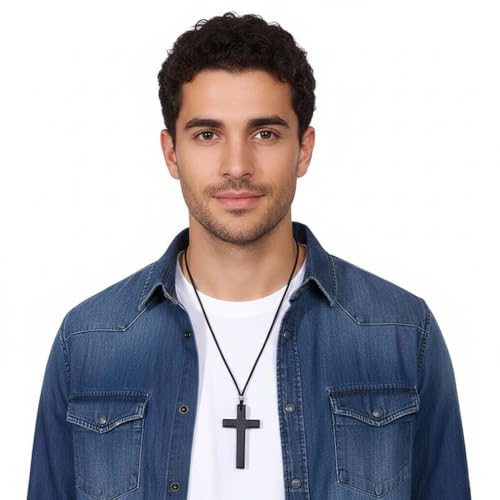 Cross Necklace for Men Vintage Wooden Cross Necklaces Wood Crucifix Pendant Christian Jewelry Gift for Men - color: Big Black