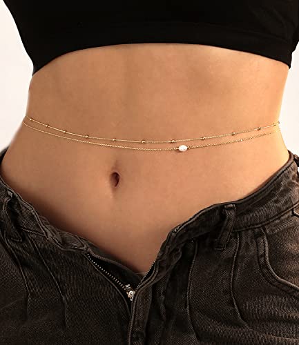 Honsny 2PCS 25-43Inch 18K Gold Plated Waist Chain Minimalist Pearl Belly Body Chain Gold Layered Sexy Bikini Body Chains Waist Jewelry for Women - color: C:Beads & Pearl, size: M(31-37INCH)