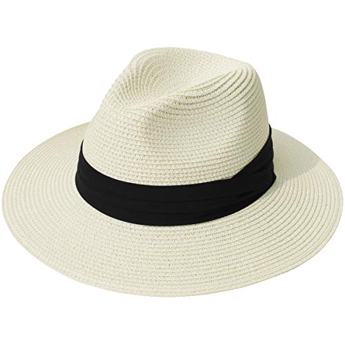 Lanzom Women Wide Brim Straw Panama Roll up Hat Fedora Beach Sun Hat UPF50+ - color: 02-fold Belt Beige, size: One Size-Medium