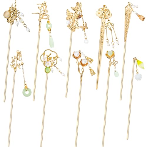 10PCS Gold Decorative Vintage Retro Pearl Gold Metal Hair Sticks Pins with Pendants Chinese Hanfu Asian Flower Butterfly Hair Chopsticks Hair Bun Updo Holders Long Thick Hair Accessories for Women
