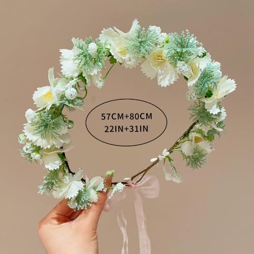 Boho Floral Crown for Women– Adjustable Faux Silk Flower Headband, Handmade Wedding Hair Accessory for Festivals & Photoshoots, Flower Hair Crown for Women (White Flower Leaf, Adjustable) - color: White Flower Leaf