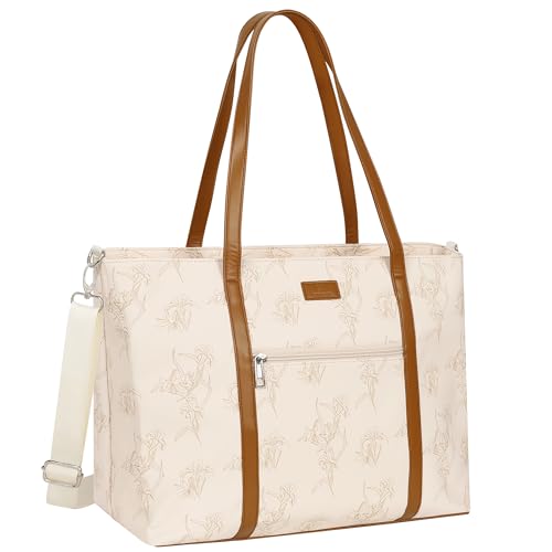 Laptop Tote Bag for Women 17 Inch, Teacher Work Bag with Compartments Business Laptop Bag With 15 Pockets Work Tote Bag - color: A3-beige/Brown Flower-1pcs
