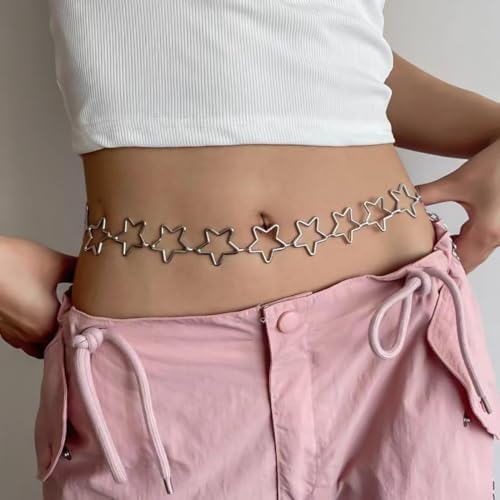 Trendy Women's O-Ring Adjustable Waist Chain - Fashion Accessory for Jeans and Dresses - color: Silver Star, size: L: 53.1 in