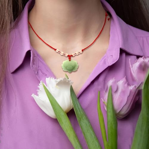 BuleVina Lotus Pendant Necklace Jade Lucky Charm with Red Cord for Men Women, Fashion Natural Green Amulet Jewelry Gifts 24 Inch Rope