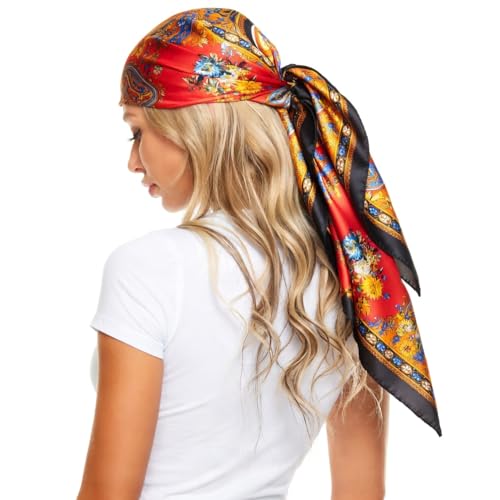 4 Pc Set Large 35 x 35 inches Satin Square Scarves Neck Hair Head Scarf Bundle - color: Set N