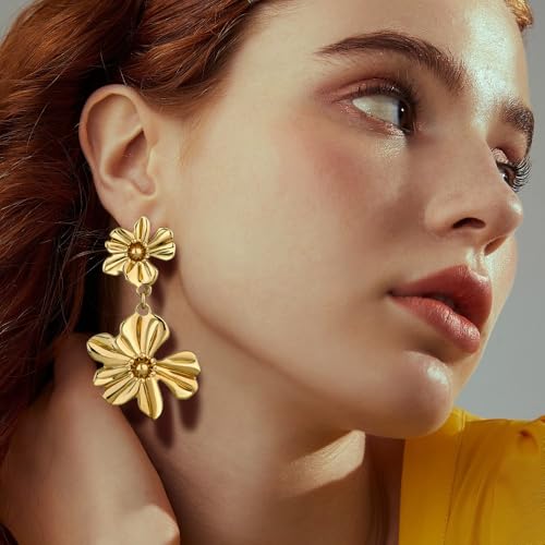 Gold Statement Earrings For Women 18K Gold Plated Sectored Flower Leaf Shell Angel Wing Earring Large Stud Earrings Hypoallergenic Stud - color: Flower Drop Earrings