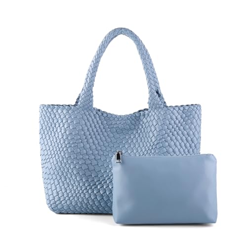 Handmade Woven Bag Satchel Handbag For Women Vegan Leather Tote Bag With Purses Travel Shoulder Bag Underarm Bag - color: Light Blue