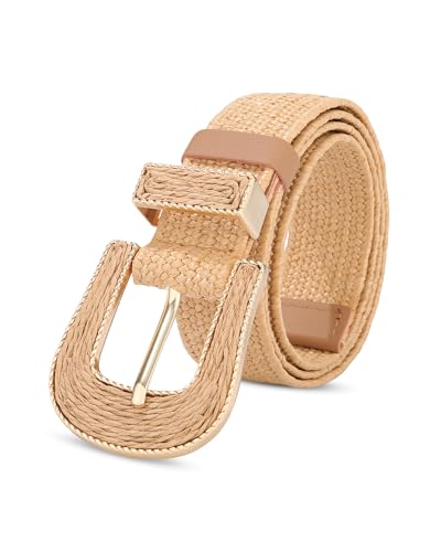 AWAYTR Womens Boho Woven Belt - Easy Care Plastic Elastic Belt with Handmade Raffia Buckle for Daily Vacation Work - color: Khaki, size: Fit Waist 31''-36''