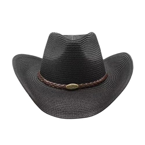 Straw Cowgirl Hat for Women Cowboy Hats for Men Wide Brim Sun Hat Shapeable Western Hat Beach Hat - color: Black