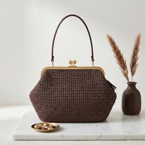 Kiss Lock Woven Bag, Large Capacity Straw Rainbow Handbags for Vacation Travel Shopping, Summer Straw Shoulder Bags - color: Style 2