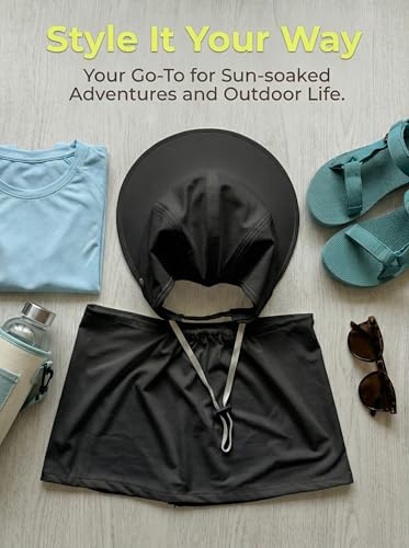Outdoor Wide Brim Sun Hat Visor for Women, Detachable Face & Neck Cover, Hiking Gardening UPF 50+, Ponytail Friendly - color: Black