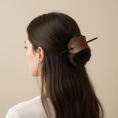 Leather Hair Barrette with Stick, 2 Pack Cream and Brown Faux Leather Ponytail Holder, 3.9 x 2 In Hair Clip with Stick for Buns Updos and Long Hair, Leather Hair Accessories for Women