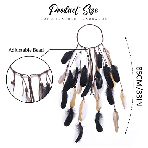 GORTIN Boho Feather Headband Gypsy Headpiece Headdress Bohemian Hippie Headbands Indian Festival Hair Band Adjust Long Feather Hair Accessories for Women and Girls (Black+Gold) - color: Black+Gold