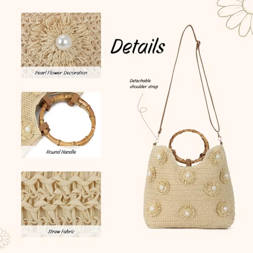Beach Bags for Women, Summer Beach Woven Bag, Flower Pearls Straw Tote Bag for Summer Vacation - color: Beige
