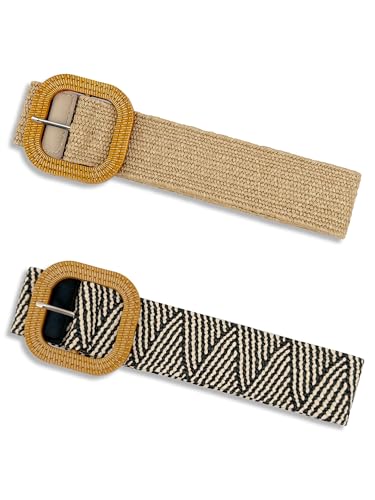 2/4 Pack Straw Woven Elastic Stretchy Waist Belts for Women, Fashion Boho Waist Belt Rattan Raffia Ladies Belts - color: Pattern1, size: Medium