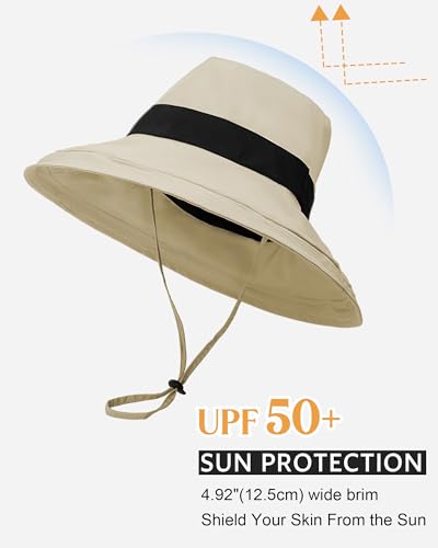 Senker Fashion Sun Hats for Women UV Protection, Waterproof Ponytail Wide Brim Bucket Hat for Summer Beach Gardening Travel - color: Khaki