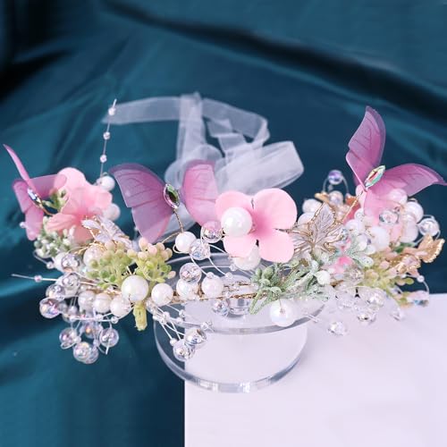 Boho Floral Crown for Women– Adjustable Faux Silk Flower Headband, Handmade Wedding Hair Accessory for Festivals & Photoshoots, Flower Hair Crown for Women (Pink Butterfly, Adjustable) - color: Pink Butterfly