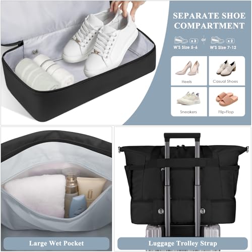 ETRONIK Gym Bag for Women, 45L Carry On Travel Duffel Bag with Shoes Compartment, Weekender Overnight Bag with Wet Pocket for Women, Travel, Gym, Weekend, Large Size - color: Black, size: Large